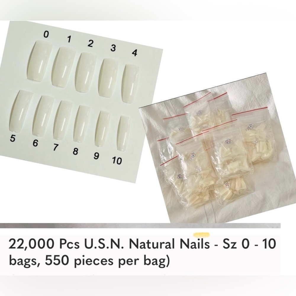 22,000 Pcs U.S.N. Natural Nails - Sz 0 - 10 (40 bags, 550 pieces per bag)
